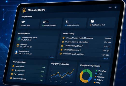 The MAS dashboard showing today's events, members engaged, automations run and recent ministry activity